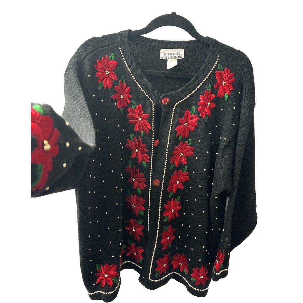 Cove Creek Holiday Cardigan 18/20 Vintage Embroidered Poinsettia Buttons Beaded